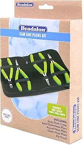 Beadalon Designer Series Slim Pliers Kit, Lime Green Vinyl-Free Grips, Stainless Steel, Chain Nose, Bent Chain Nose, Round Nose, Semi-Flush Cutter, 5.75 in, 4 pc w/Zip Pouch