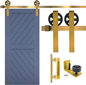 Rio Salto Gold Big Wheel Barn Door Hardware Kit  Sliding Barn Door Track Set with Large Rollers, Handle Pull & Floor Guide  Heavy Duty for Interior Closet & Room Doors - NO Door
