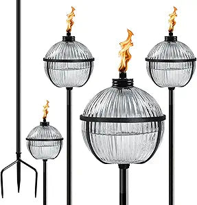 Citronella Torches Set of 4, Large Capacity 16 oz Outdoor Glass Torch Garden Dcor58.6 - Inch Upgraded Citronella Torches with 3-Prong Grounded Stake for Yard, Patio, Gatherin