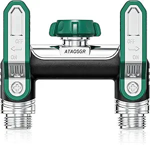 2 Way Garden Hose Splitter Heavy Duty, High Flow T-Shape Hose Bib Splitter with 3.68" Extra Long Handles, Independent Shut Off Valves,Metal Body 3/4" GHT Outdoor Faucet Splitter for Garden Hose(Green)