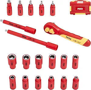 FESA Electrician Insulated Socket Set - 1000V 20-Piece Professional Insulated Ratchet & Socket Wrench Set (1/4" Drive) w/ 2 Extensions & 5 Hex Bits - 1000 Volt Tools for Electricians