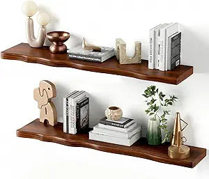 Solid Wood Live Edge Floating Shelves Set of 2  36" Rustic Wall Shelf with Hidden Bracket System, Wall Mounted Shelves for Bathroom, Kitchen, Living Room, Bedroom (Walnut)