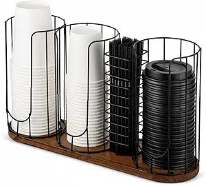 Geelin 18oz Adjustable Coffee Cup Dispenser with Wooden Base, Cup Holder Organizer for Storing Paper Cups, Straws, Lids and Other Tableware(4-compartment Single,Color 1)