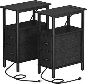 2 Set Narrow Side Table for Small Spaces, Skinny End Table with Charging Station, Sofa Beside Table with 2 Fabric Drawers and 1 Open Compartment, Slim Nightstand with USB Ports Outlet, Black UTBT004B2
