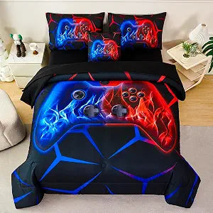 Boys Twin Comforter Set Gaming Bedding Set for Kids Teens Soft Microfiber 6 Pieces Gamer Bed in A Bag Set Red and Blue Geometric Gamepad Bedding Set for All Season(Red Blue, Twin)