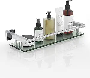 Glass Shelves for Wall, Chrome Stainless Steel & Tempered Glass Glass Shelf for Bathroom, Shelf Sink Over Toilet Bathroom Organizer (16-inch, Polished)