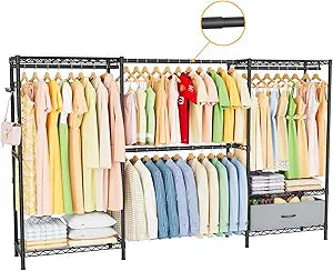 Golpart Coat Rack Clothes WardrobeCloset Organizer and Storage Clothing Garment Rack with Shelves Heavy Duty for Hanging Clothes Portable Adjustable Black 15.8" DX(70-88)" WX76.5 H