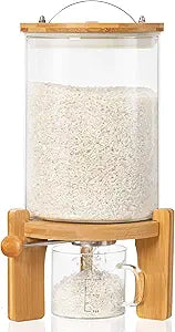 HBlife 5-7 Lbs Glass Rice Dispenser with Wooden Stand Flour and Cereal Container with Glass Measuring Cup Pantry Food Organization Storage Bin with Airtight Bamboo Lid, 3L