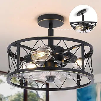 REDSTAR 15" Caged Ceiling Fans with Lights and Remote Flush Mount, Black Round Industrial Ceiling Fan Light Fixture, Small Bladeless Ceiling Fan for Bedroom, Kitchen, Indoor