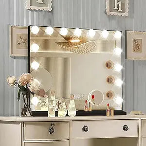 Ratsamee Black Hollywood Vanity Mirror with Lights, 15 Dimmable Bulbs, 3 Color Lights,Make Up Lighted Mirror, Aluminum Metal Frame, USB Charging Port23" x 18"