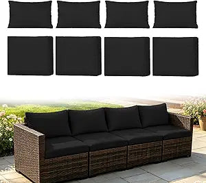 8Pcs Outdoor Patio Cushion Cover Replacement, Waterproof Patio Cushion Covers, Washable Outdoor Couch Cushion Covers with Zippers, Slipcovers Sofa Chair for Patio Furniture(Black, Cover Only)