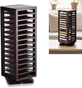 Ripeng Cassette Tape Holder, 28 Capacity 360 Rotating Double Sided Storage Rack, Rustic Brown Metal & Wood Display Shelf for Home, Music Studio