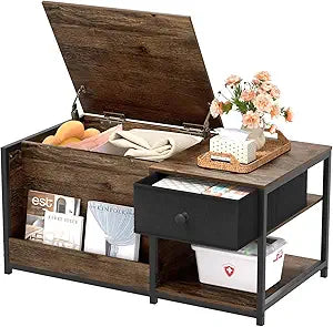 SINPAID Coffee Table with Storage, Rectangular Coffee Tables for Living Room, Farmhouse Coffee Table with Hidden Storage Compartment and Adjustable Shelves, Walnut