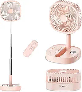 Portable Oscillating Pedestal Fan with Romote, 4 Speed 120┬░ Telescopic Rotation Foldable Standing Collapsible Fans, 7200Mah Rechargeable, Quiet Timer DeskFan for Travel Camping Home, Pink