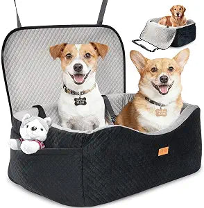 Dog Car Seat for Large Dogs up to 55lbs or 2 Small Dogs with 4" Memory Foam, Back Seat Medium Pet Booster Seat with Triple Safety Belts, Adjustable Leashes, Detachable/Washable (Black/Gray, Large)