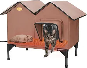Heated Cat House for Outside Cats in Winter, Large Insulated Heated Outdoor Cat House Weatherproof with Elevated Base & Escape Door, Waterproof Cat Shelter for Multiple Cats Feral Stray Barn Kitty