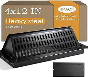 4x12 Floor Register and Vent Deflector Combo, Solid Steel 2-in-1 Floor Vent Cover, Tool-Free Drop-in Fit, Adjustable for Draft-Free Comfort, Matte Black Air Vent for Home Floor, 4 Pack
