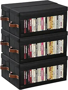 Garvee Set of 6 CD Case, Non-Woven Stackable CD Storage Box with Lid and Handles, DVD Storage Case, 13.2" L x 5.9" W x 5.3" H Each, Solutions to Protect Your Precious Collection, Black