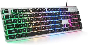 LANGTU Membrane Gaming Keyboard, Colorful LED Backlit Quiet Keyboard for Study, All-Metal Panel USB Wired 25 Keys Anti-ghosting Computer Keyboard 104 Keys - L1 Black/Silver
