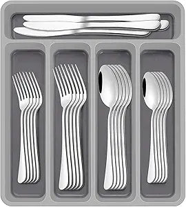 60-Piece Silverware Set with Organizer,AIVIKI Stainless Steel Flatware Set for 12,Cutlery Utensil Sets for Home Restaurant,Tableware Set Include forks spoons and knives,Mirror Polished,Dishwasher Safe