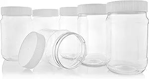Pinnacle Mercantile Plastic Mason Jars - Screw on Ribbed Lid - 16 ounce-Set 6-Airtight Liner-Meal Prep Containers-Freezer Safe BPA Free