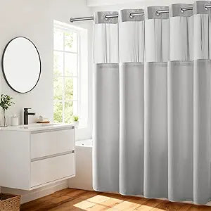 River Dream No Hooks Required Dotted Light Grey Shower Curtain with Snap in Liner - 71" W x 74" H,Hotel Grade,Spa Like Bath Curtain