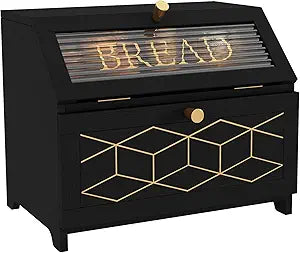 HOLTICO Double Layer Bread Box With Golden Trim for Countertop, Wooden Bread Container for Kitchen Counter, Corner Bread Storage (Black1)
