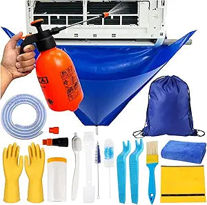 Oiktylr 18pcs Mini Split Cleaning Kit Bag, Waterproof AC Cleaning Cover with Storage Bag, PVC Air Conditioner Cleaning Bib with 2L Pressure Sprayer, HVAC Minisplit Cleaning Kit (Small)