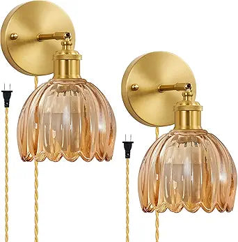 Plug in Wall Sconces Set of 2, Vintage Wall Lamp with Plug in Cord Amber Tulip Glass Shade Decor Indoor, Gold Wall Light for Bedroom Bedside Kids Living Room Bathroom