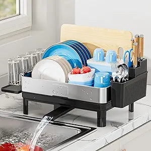 Ewaiira Dish Drying Rack, 304 Stainless Steel Dish Racks for Kitchen Counter, Dish Drainers with Automatic Drainage, Utensil Holder & Cups Holder, Space Saving Kitchen Organizer, Black