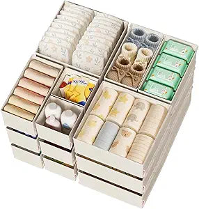Cotton Linen Drawer Organizers for Baby Clothes, 20Pack Multi-Size Nursery Dresser Dividers for Clothes, Premium Foldable Storage Bins for Bedroom, Closet and Diaper Table, Beige