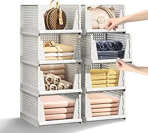 5 Packs Stackable Plastic Storage Basket for Closet Foldable Closet Organizers and Storage Bins for Shelves Storage Drawer Container for Clothes, Wardrobe, Pantry, 5L