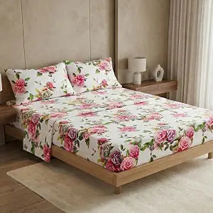 DaDa Bedding Romantic Roses Floral Fitted & Flat Sheet Set w/ 2 Pillow Cases - Lovely Spring Pink Colorful Bright Vibrant - Full Size - 4-Pieces Set