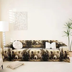 Bear Couch Cushion Cover Rustic Cabin Soft Sofa Cover for Boys Girls Children Nature Wildlife Bear Couch Blanket Fits 2-3 Cushion,71"x118" Room Decor Breathable Soft Microfiber Branch Retro Brown