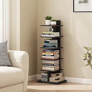 TUTOTAK Narrow Bookshelf, 6-Tier Bookcase, Spine Book Shelf for Small Space, Corner Standing Shelf for Living Room, Office, Study, Entryway, Black BS06BK016