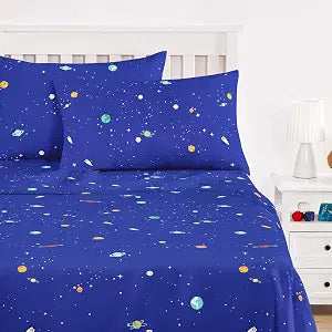 Wake In Cloud - Space Bed Sheets for Boys, 100% Cotton, 4-Piece Sheet Set Kids, Galaxy Celestial Stars Rockets Planets Pattern Printed Bedding, Deep Pocket, Blue, Full Size