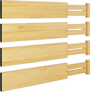 BAMEOS Bamboo Expandable Drawer Dividers  Fits 13.3"19" Drawers, 3" Deep Walls, Set of 4 | Spring-Loaded Separator for Deep Kitchen & Bathroom Drawers, Prevents Items Falling Over