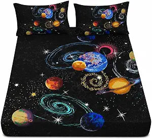 AILONEN Outer Space Twin XL Size Fitted Sheet 3 Pieces Set, Galaxy Starry Sheet for Kids Boys - Eight Planet Theme Soft Breathable Bed Sheet, 1 Fitted Sheet and 2 Pillowcases