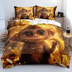 Cartoon Monkey Bedding Set Queen Size Little Monkey Duvet Cover Set Gold Monkey Quilted Duvet with 2 Pillow Case for Kids Boys Girls Teens,Queen