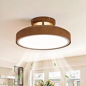 Bladeless Ceiling Fans with Lights and Remote, 18.9" Farmhouse Embedded Ceiling Fan Light, Flush Mount Dimmable LED Chanelier Fan for Bedroom,Walnut Color