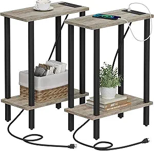 TUTOTAK Small End Table with Charging Station, Narrow Side Table with USB Ports and Outlets, Set of 2, Skinny Sofa Table, Slim Nightstand, Living Room, Bed Room, Greige TB01BG0602