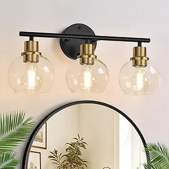 Indoi 3-Light Bathroom Light Fixtures, Black and Gold Bathroom Lights Over Mirror with Clear Glass Globe Shade, Vanity Lights for Bathroom Kitchen Living Room Hallway Cabinet Bedroom Porch
