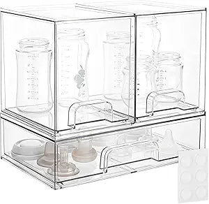 yanyoyo Baby Bottle Storage Organizer - Acrylic Storage Containers, Clear Stackable Drawer Baby Bottle Station Organizer for Countertop Cabinet, BPA-Free, Lead-Free (1 Wide+2 High, Clear)