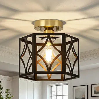 Black and Gold Farmhouse Semi Flush Mount Ceiling Light Fixture 9.5 Inch