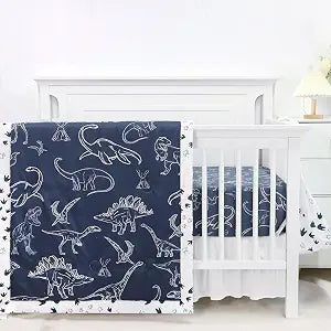 Dinosaur Crib Bedding Set for Boys, 4 Pieces Blue Baby Nursery Bedding Set for Standard Size Crib, Including Soft Comforter, Crib Sheet, Ruffled Crib Skirt, Diaper Stacker