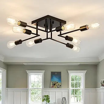 ASGYISA 8-Lights Semi Flush Mount Ceiling Light Fixture Modern Metal Black Sputnik Chandeliers with E26 Bulb Base Close to Ceiling Light for Kitchen Dining Room Living Room Hallway Bedroom