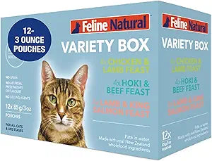 Feline Natural New Zealand Pt Wet Cat Food Pouch, High-Meat, Low-Carb, & Grain Free Cat Food Wet, Variety Pack, 3 oz, 12 Pouches