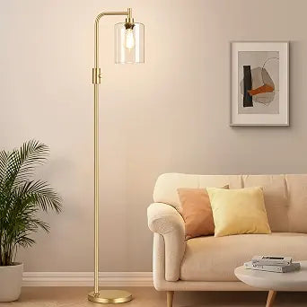 Upgraded Dimmable Floor Lamp for Living Room with Clear Glass Lampshade, Gold Modern Glass Floor Lamp with 900LM LED Bulb Included, Arc Standing Tall Lamp for Bedroom, Office, Reading Room, Corner