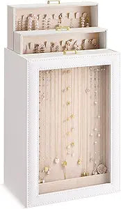 Huquary 3 Layer Vertical Necklace Holder Organizer Box 12.6" x 7.9" x 5", 30 Hooks PU Necklace Storage Box with Clear Lid Necklaces Display Case for Jewelry Organizer Storage Women Gift(White)