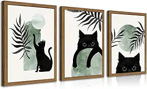 Framed Sage Green Cat Wall Art Set of 3, Natural OAK Wood Frame Boho Cute Black Cat Wall Decor Paintings, Minimalist Animal Aesthetic Canvas Posters Prints for Living Room Bedroom Bathroom 12x16In
